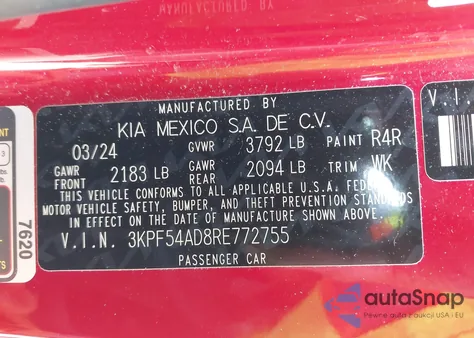 2024 Kia Forte Gt-Line z USA, uszkodzony, nr VIN 3KPF54AD8RE772755